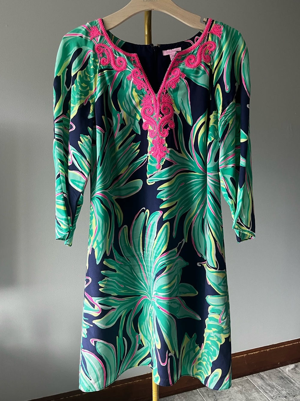Lilly Pulitzer Silk Navy Dress with Green Tropical Print and Hot Pink Trim
